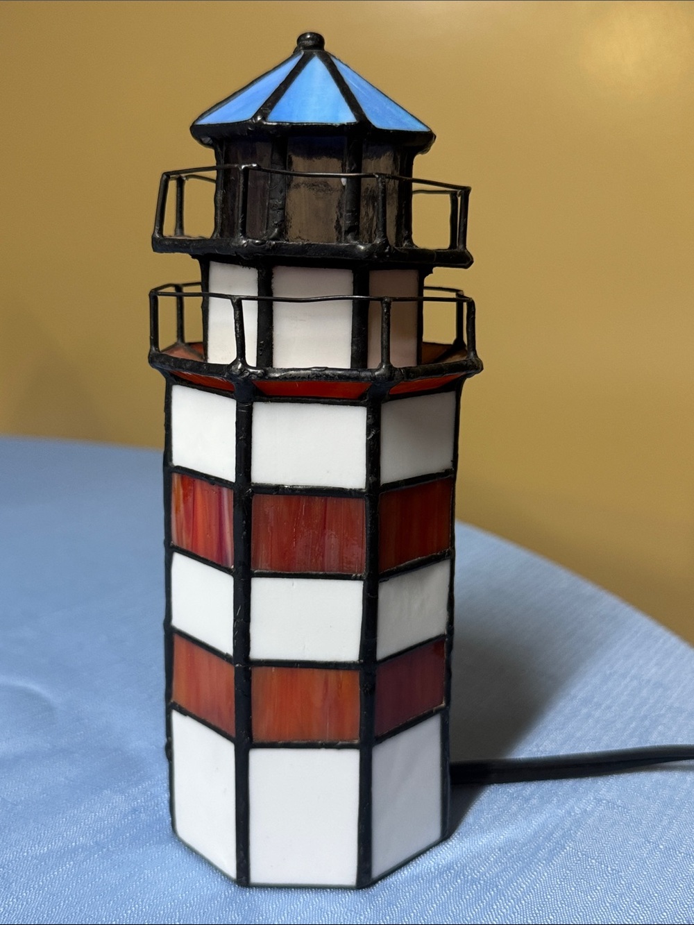 Stained Glass Lighthouse Accent Lamp - Blue, White & Red - Picture 2 of 8